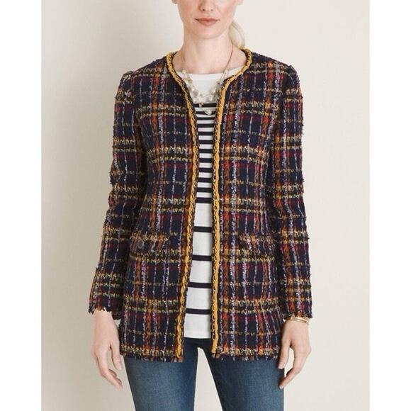 Chico's Jackets & Blazers - Chico's multicolor plaid tweed open-front jacket yellow braided trim Sz L